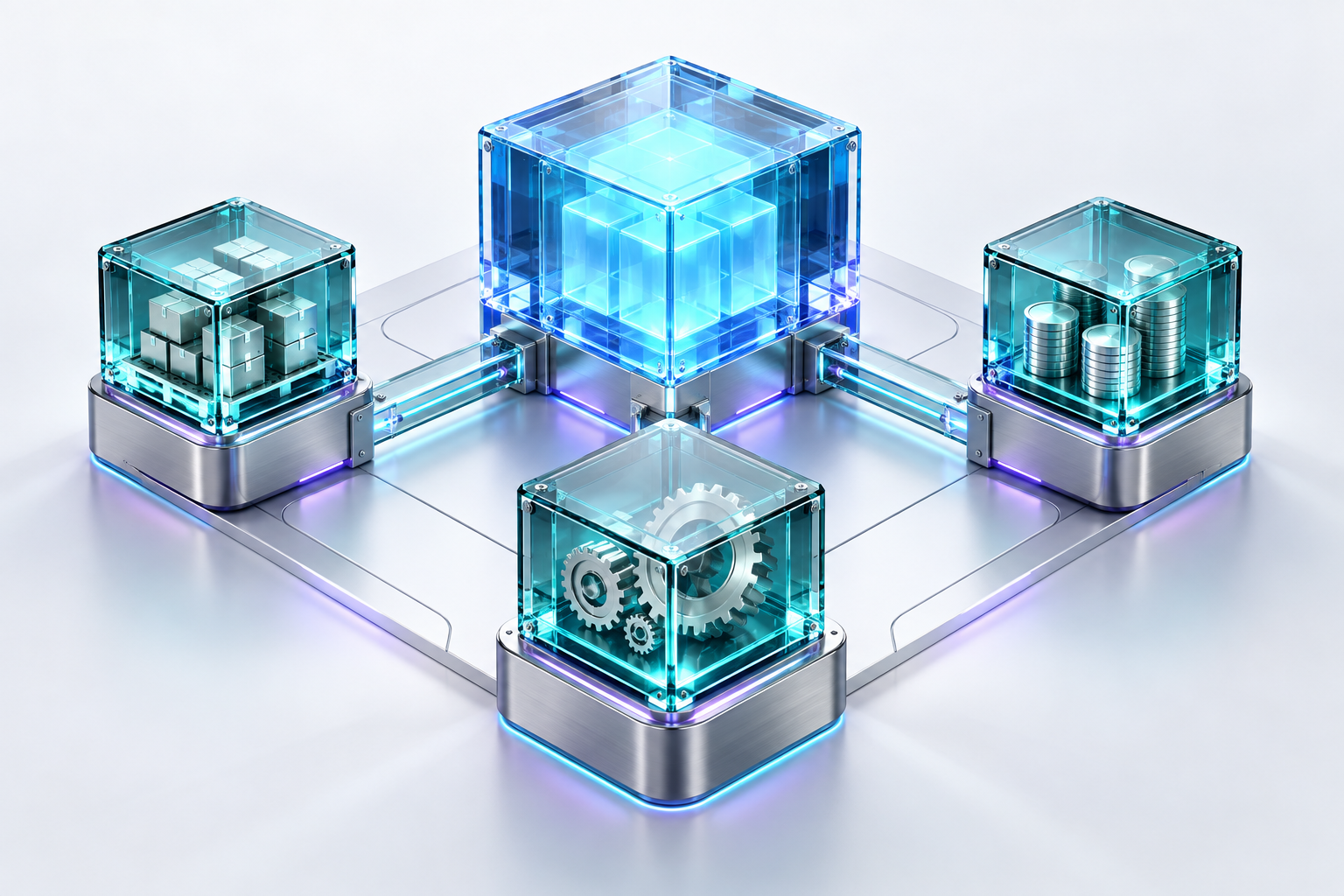 Centro de datos ERP 3D que conecta inventario, finanzas y operaciones