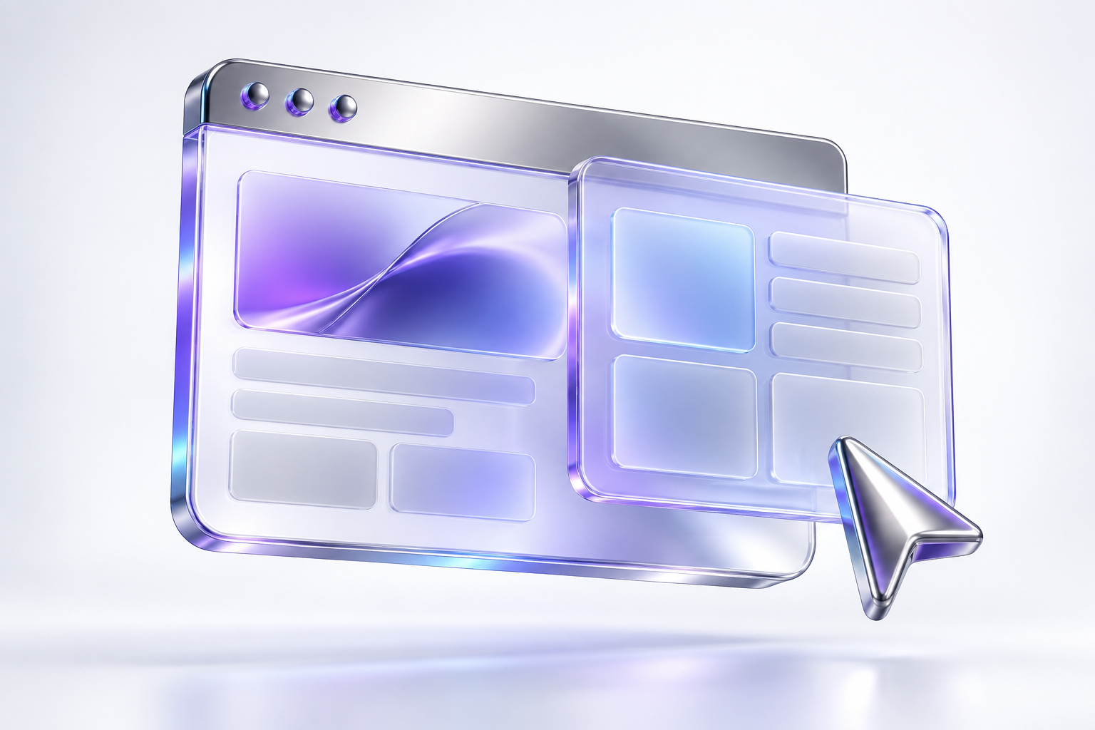 3D glass browser windows illustrating website redesign and development