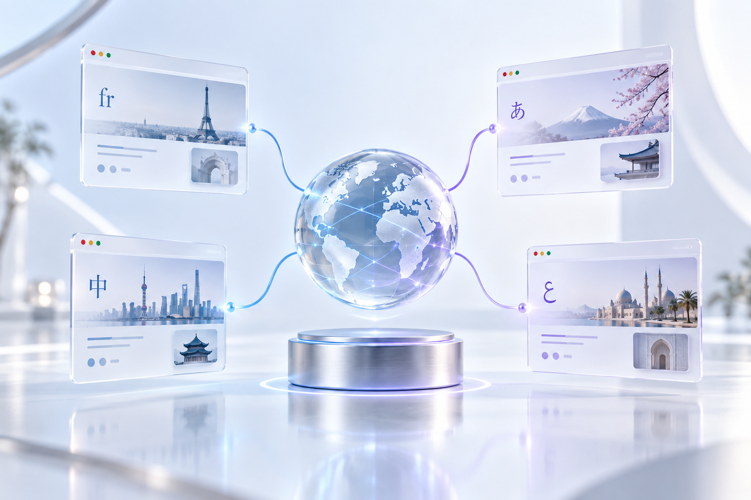 Glass globe connected to floating browser panels, illustrating multilingual website architecture